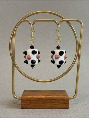 Artisan MCM White Lampwork Glass Bead Earrings with Black and Brown Accents 🧁